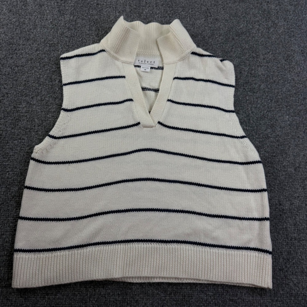 Velvet Sweater Vest XS Ivory Navy Blue Striped Mock Neck Cotton Cashmere Womens